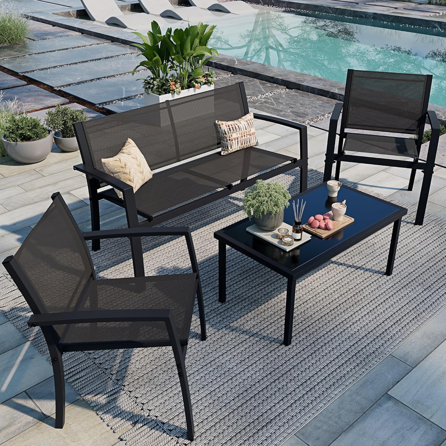 Home Textiles Fabric - Black all-weather textile fabric 4-piece outdoor