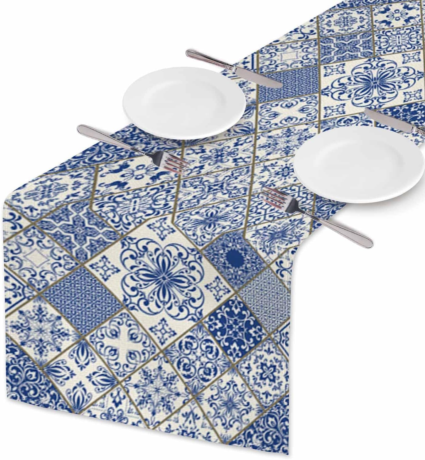 Blue White Patchwork Tile Line - Linum Home Textiles recension och pris