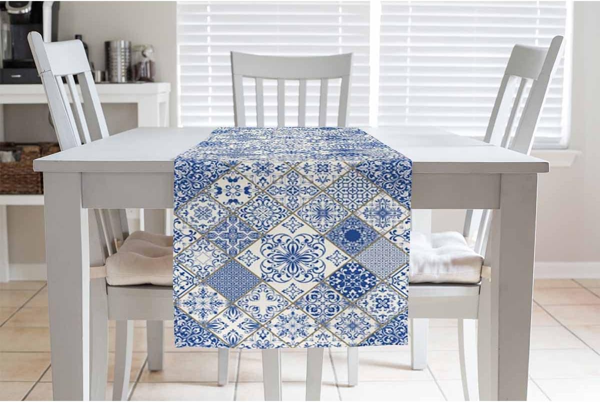 Blue White Patchwork Tile Line - Linum Home Textiles recension och pris