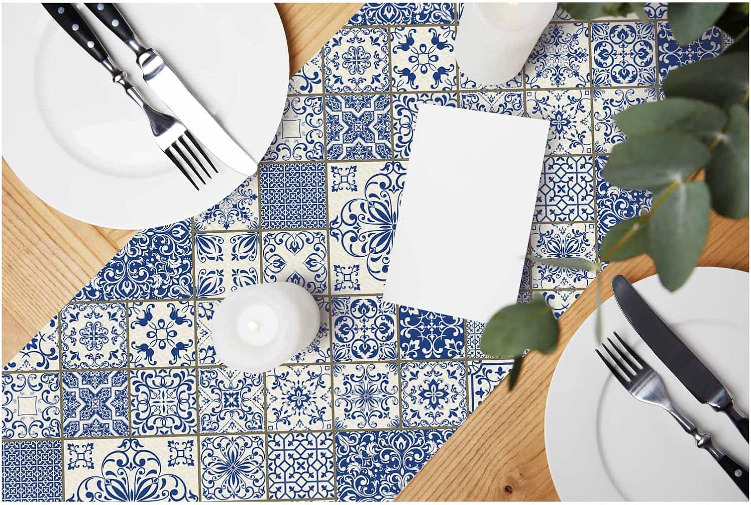 Blue White Patchwork Tile Line - Linum Home Textiles recension och pris