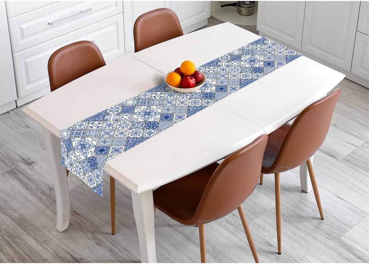 Blue White Patchwork Tile Line - Linum Home Textiles recension och pris